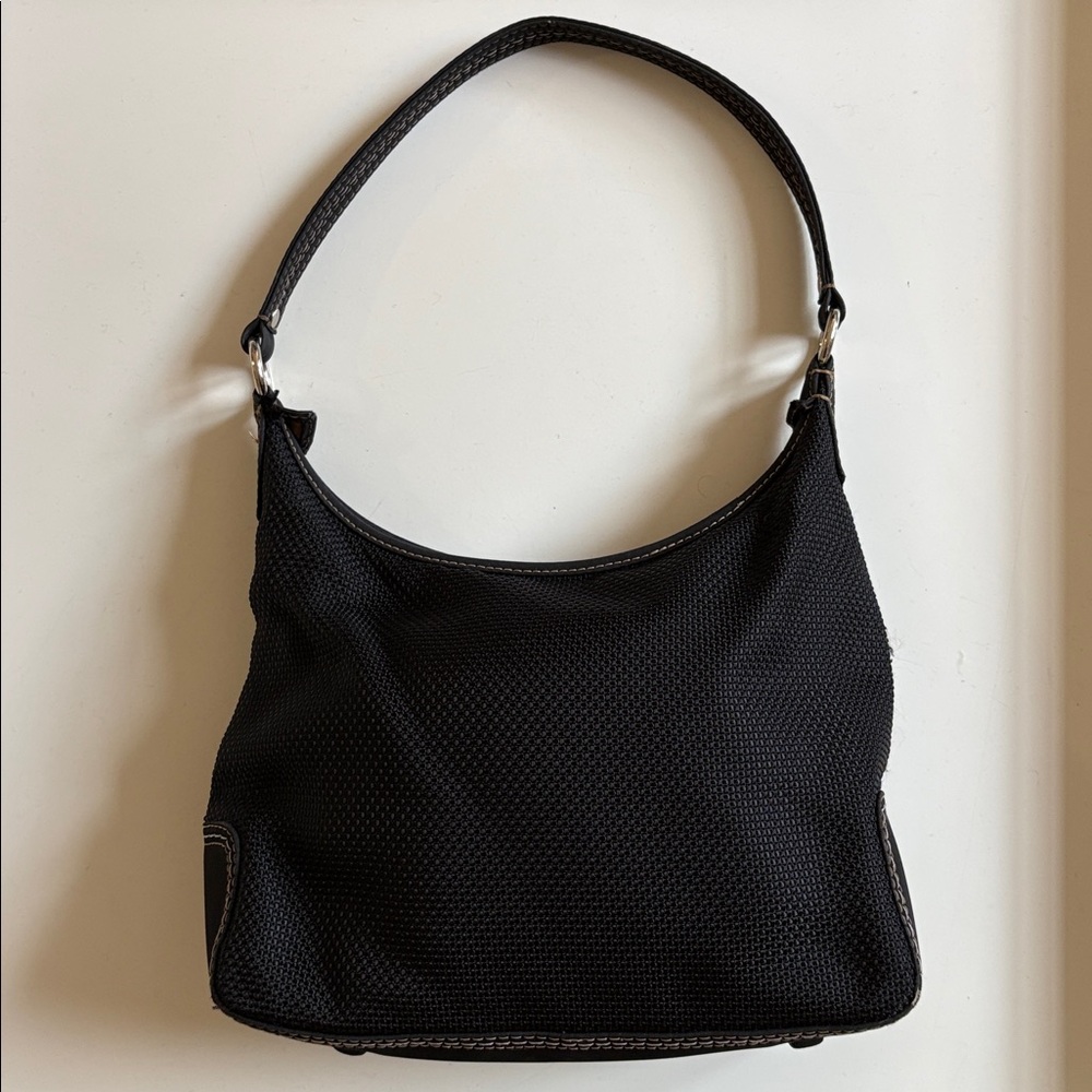 The Sak Woven Shoulder Bag Medium Black Pink Polka Dot Interior